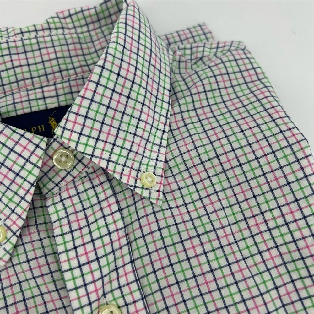 Ralph Lauren Men's M White Pink Green Check Button-Up Shirt Long Sleeve Logo